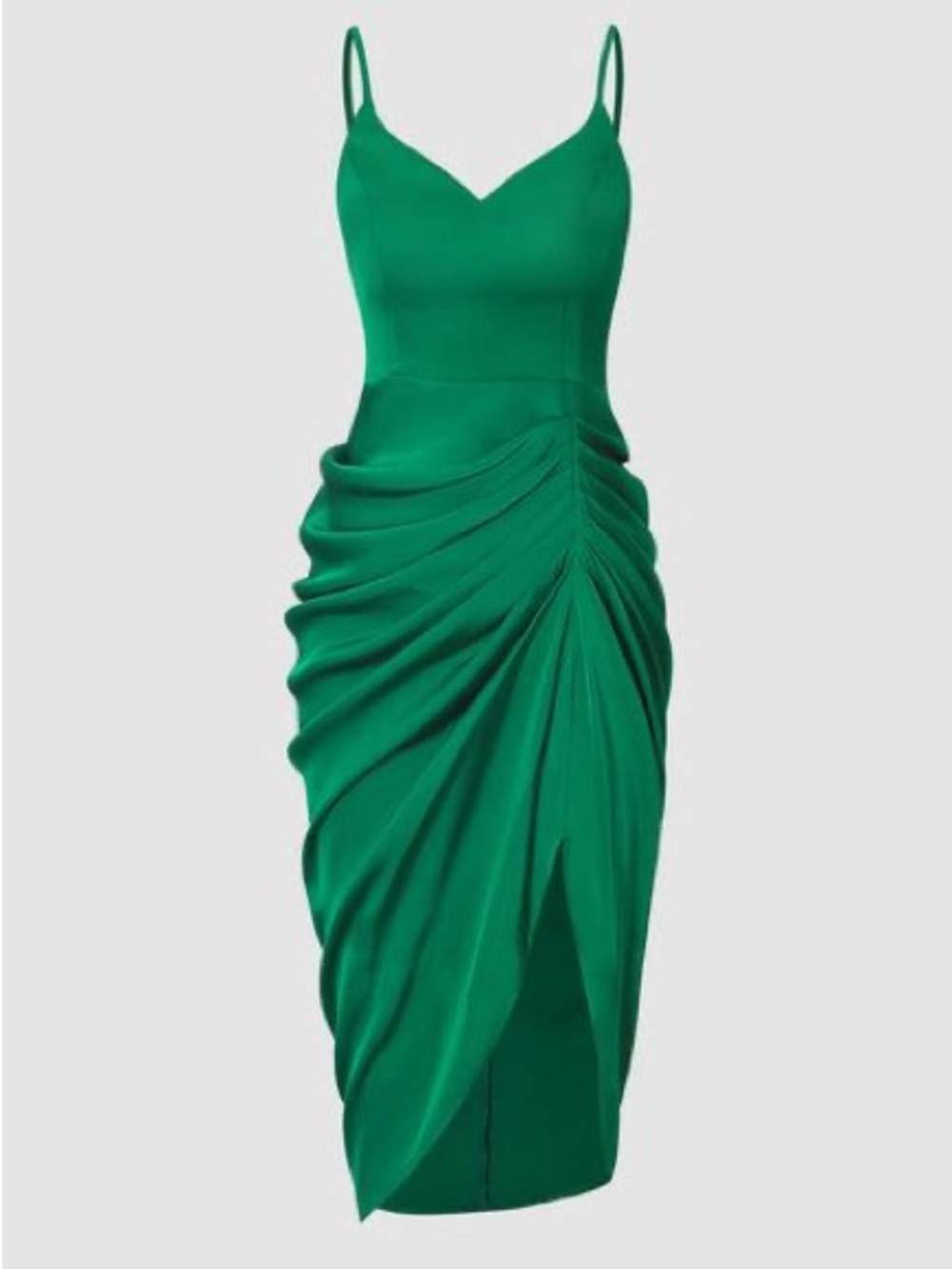 Emerald Ruched Spaghetti-Strap Midi Dress